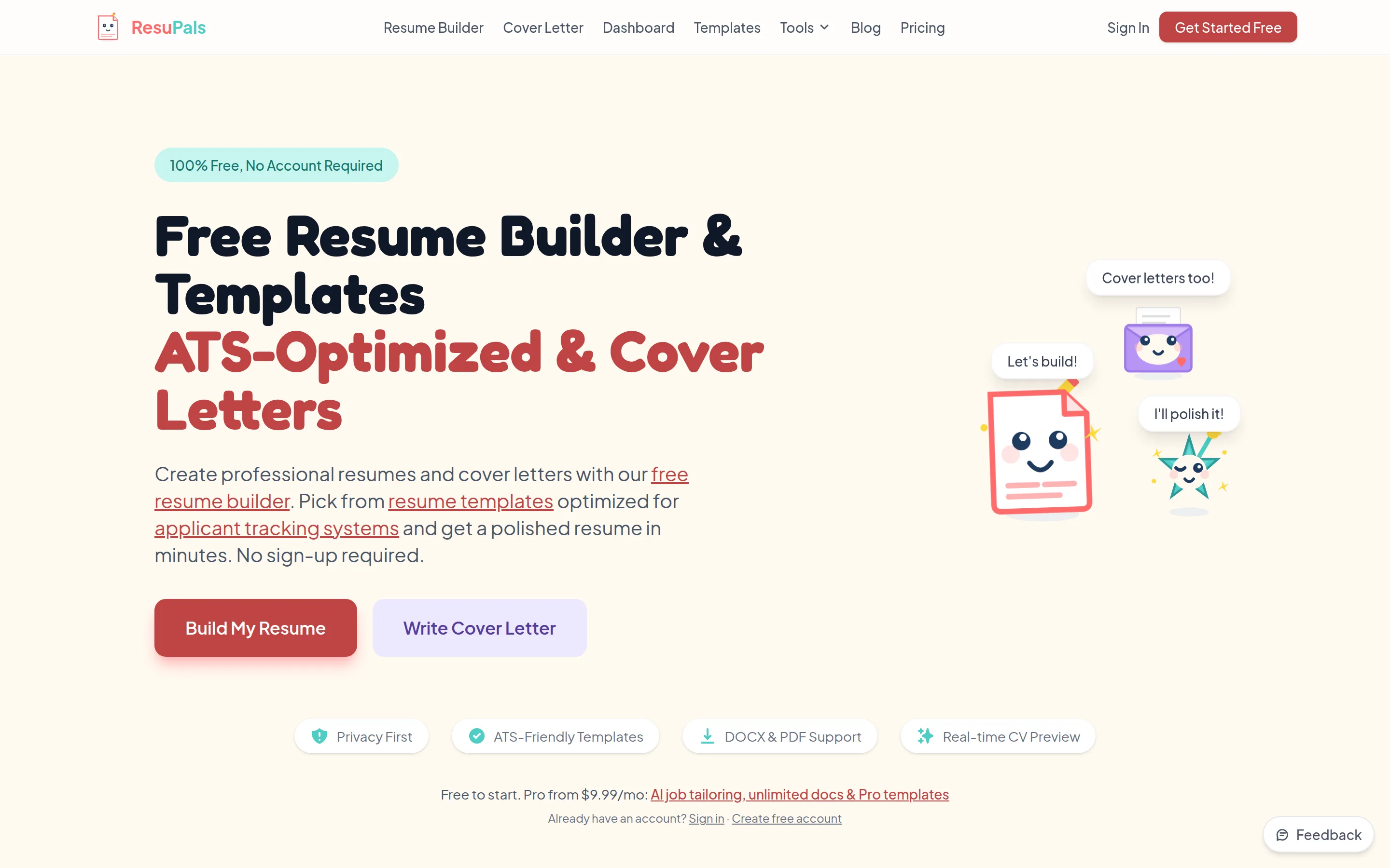 The ResuPals home page. A headline reading Free Resume Builder and Templates, ATS-Optimized and Cover Letters, over buttons to build a resume or write a cover letter.